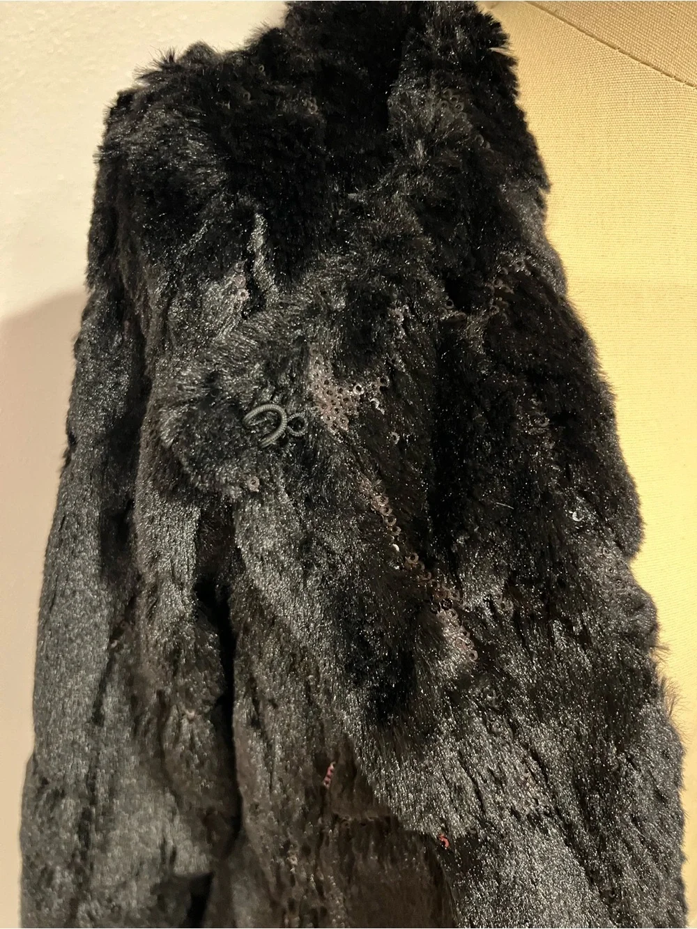 Milly Minis Black Faux Fur With Sequins Open-Front Teddy Jacket